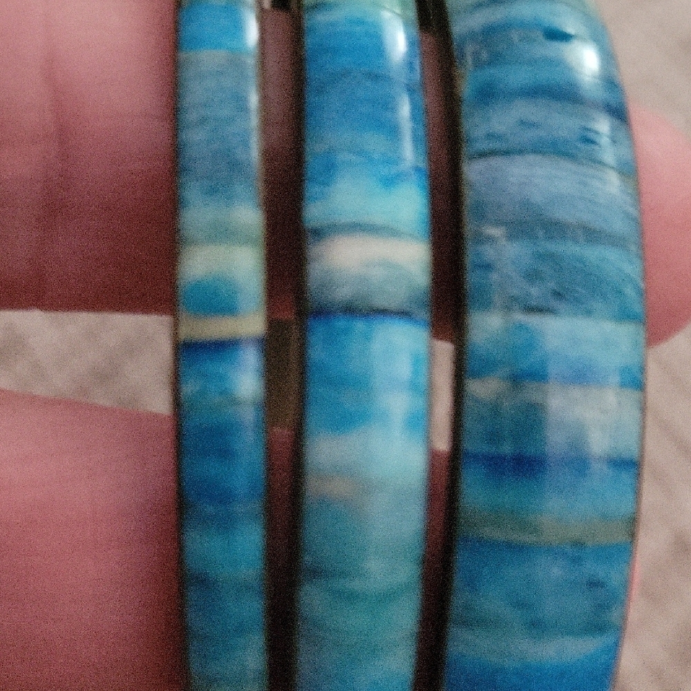 Vintage Boho Brass Inlay Tealwood Blue Bangle Bracelet Set of 3 - Picture 5 of 10